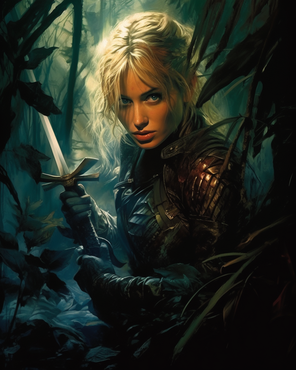 Blonde woman in dark jungle holding weapon