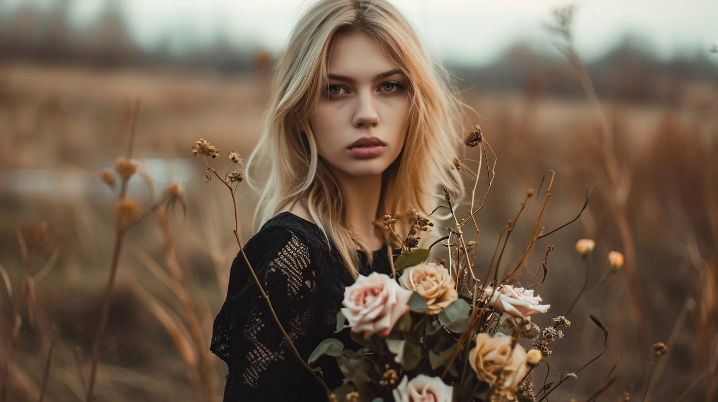 blonde woman with withered flowers