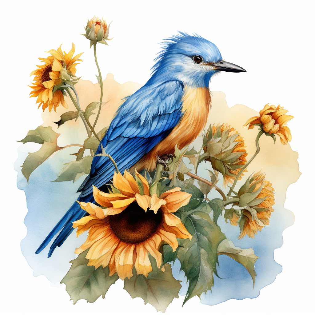 Watercolor Illustration of Blue Bird on Sunflowers