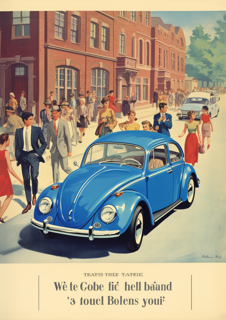 Vintage blue Volkswagen Beetle magazine advertisement