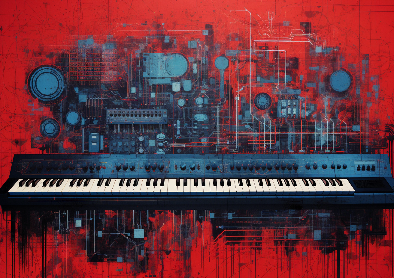 Blue ink on red background synthesizer schematic