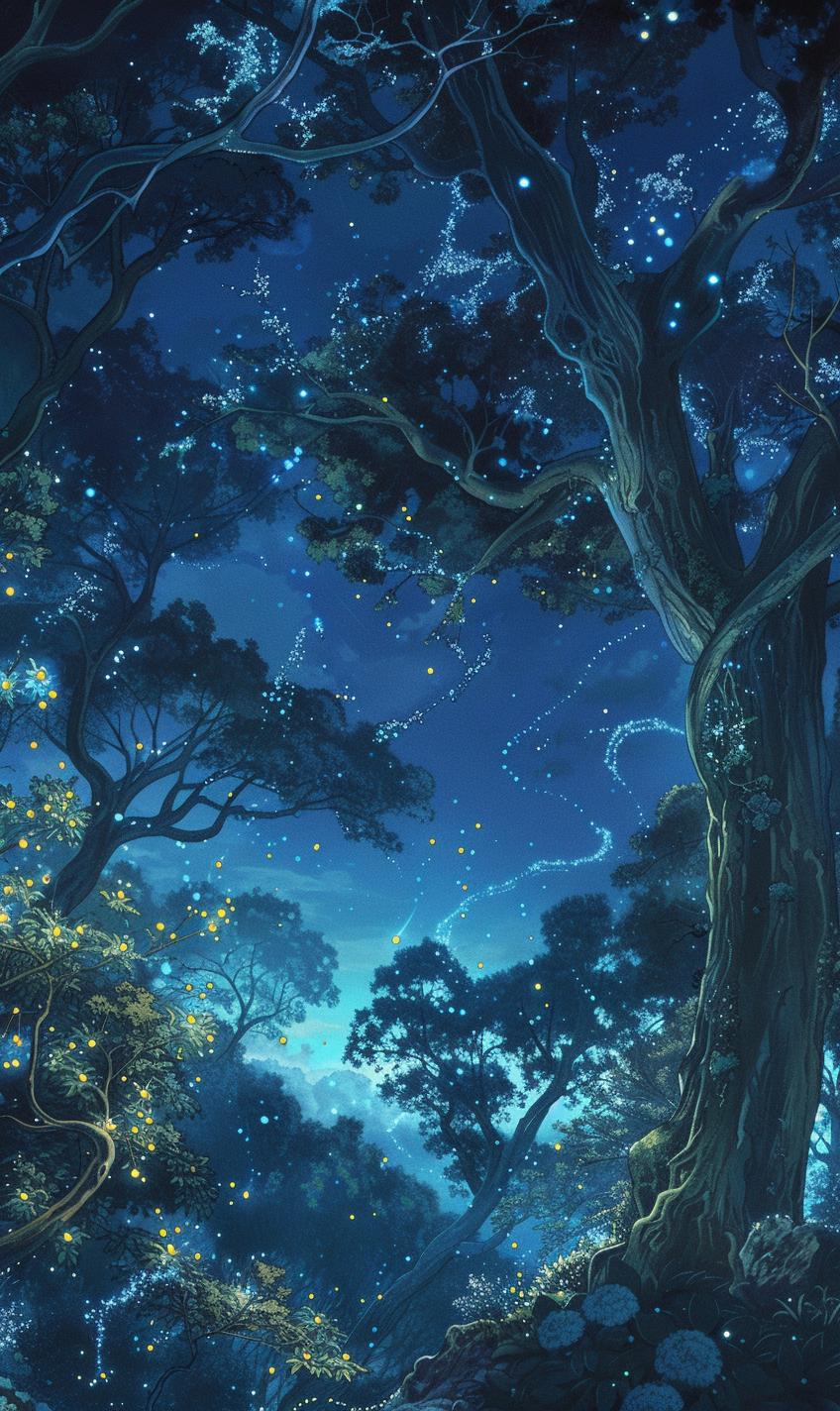 Blue lights over forest art style