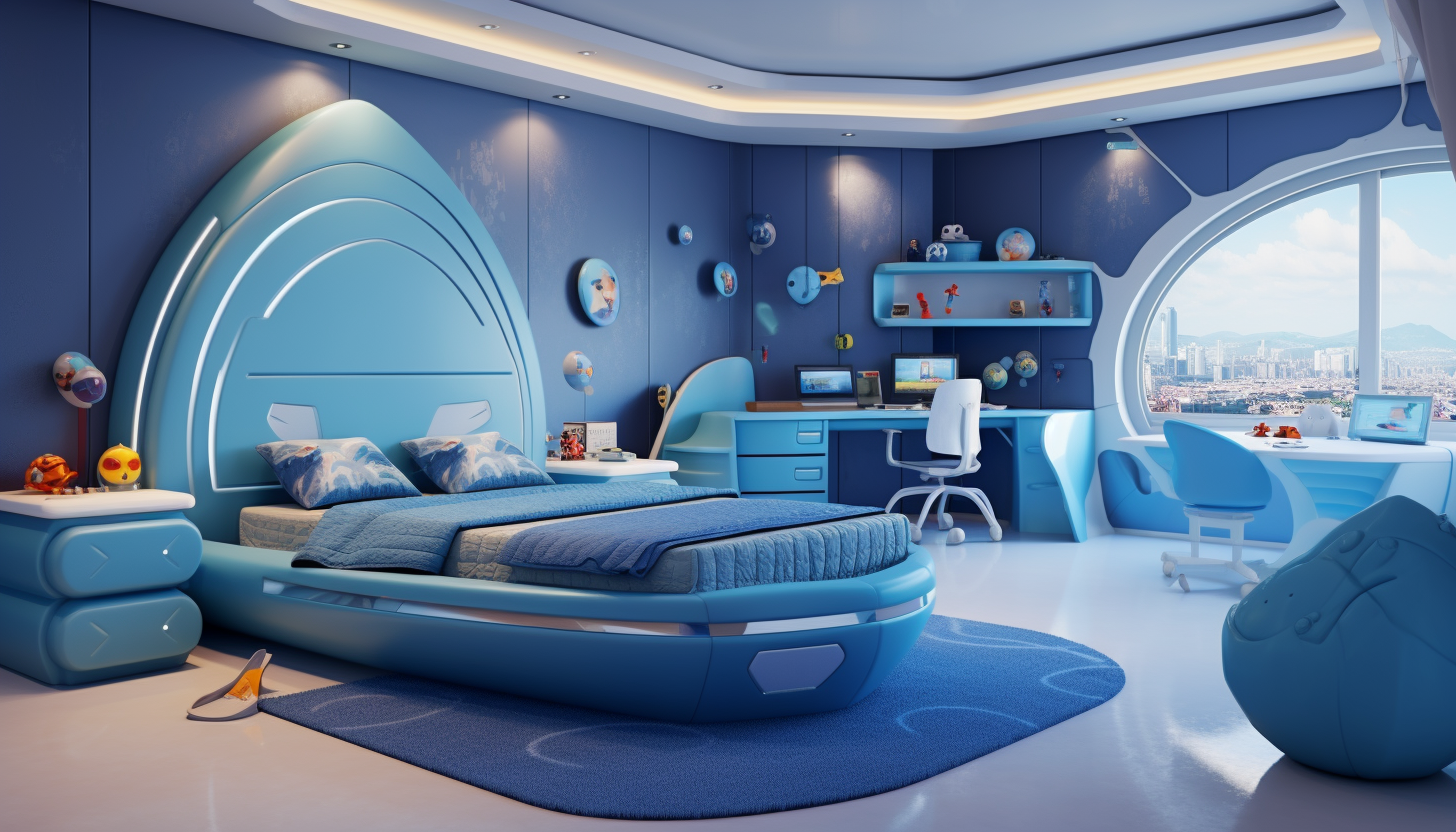 Blue modern bedroom furniture in 3D cartoon style