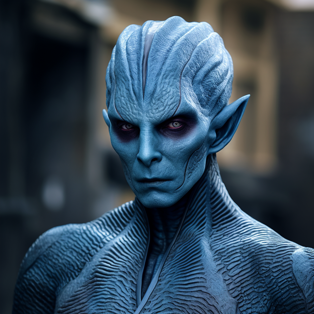 Blue-skinned Star Trek character illustration