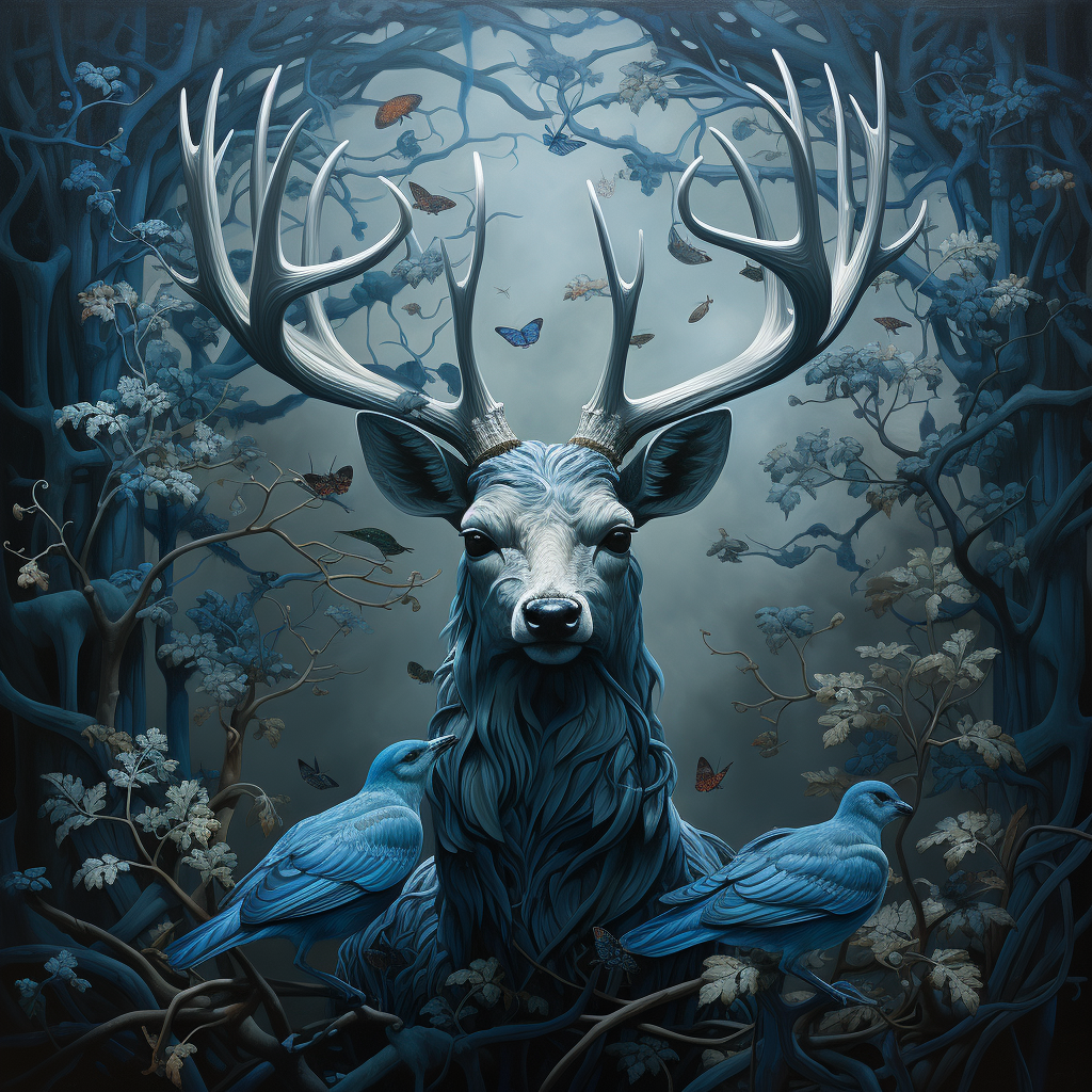 Blue songbirds on deer's antlers