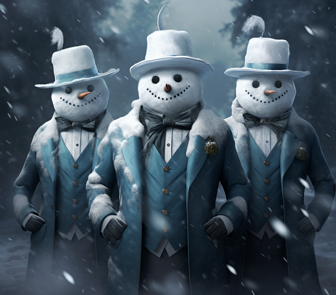 Three Snowmen in Blue Suits