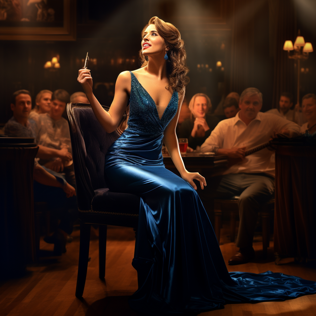 Woman in blue velvet dress singing