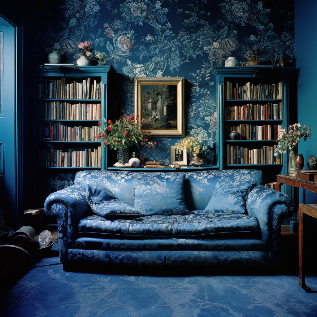 Cozy room with blue wallpaper