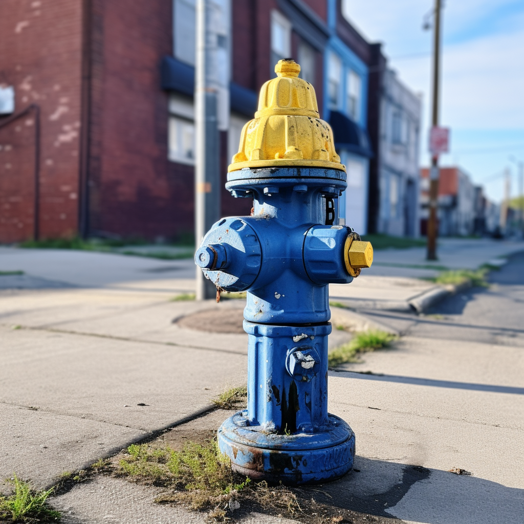 Blue and yellow fire hydrant on sidewalk