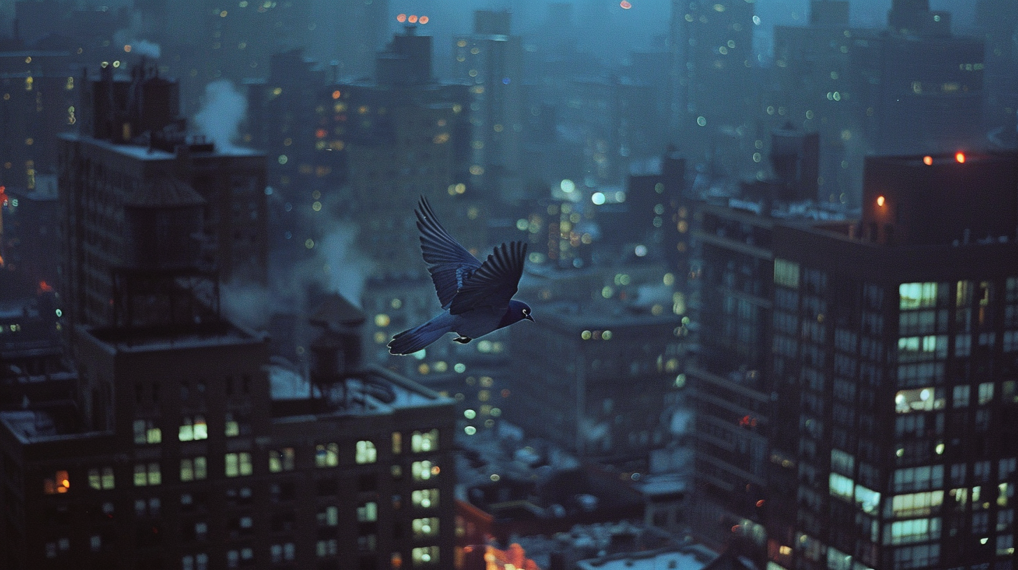 Bluebird flying through city night