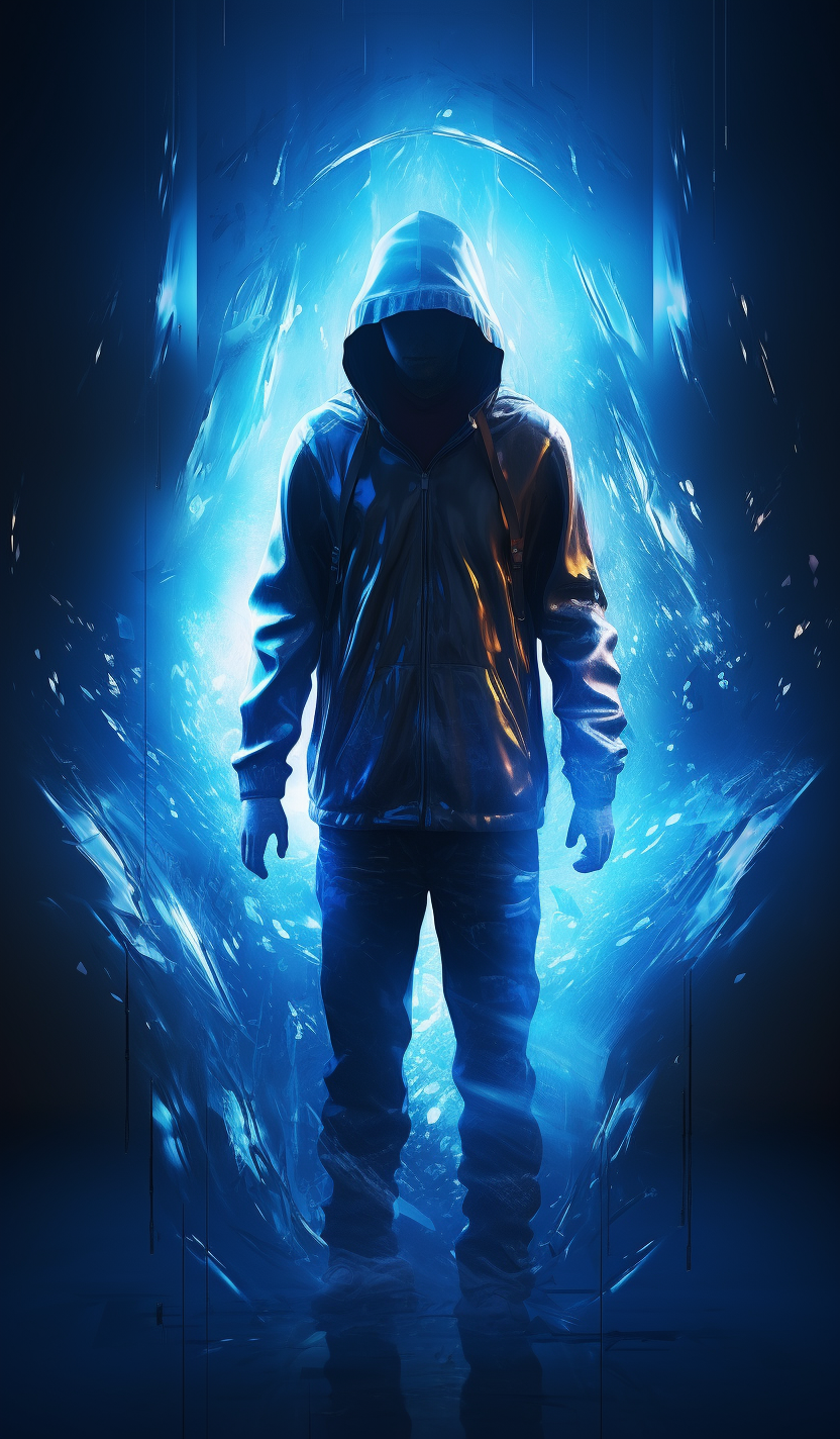 Hooded man teleporting with a blueish glow