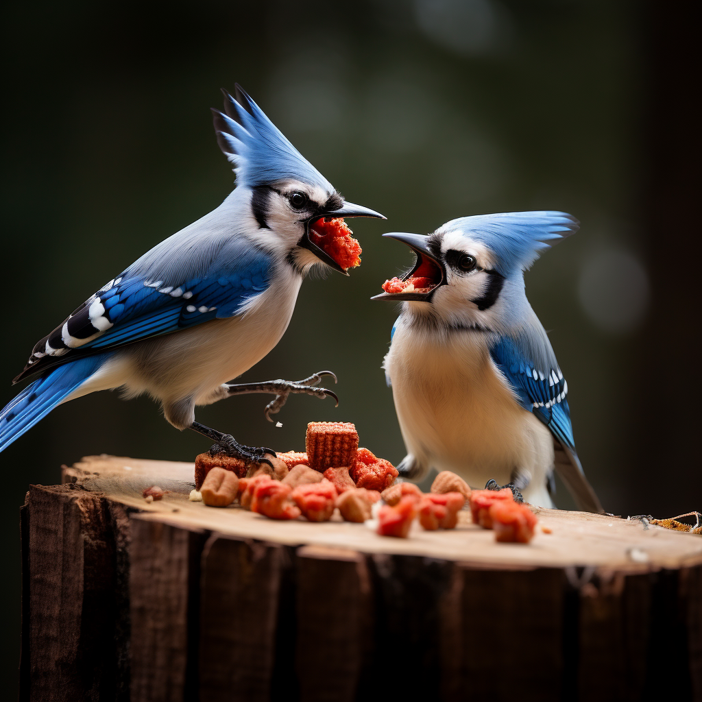 Bluejay and cardinal fiercely fighting over cheese.