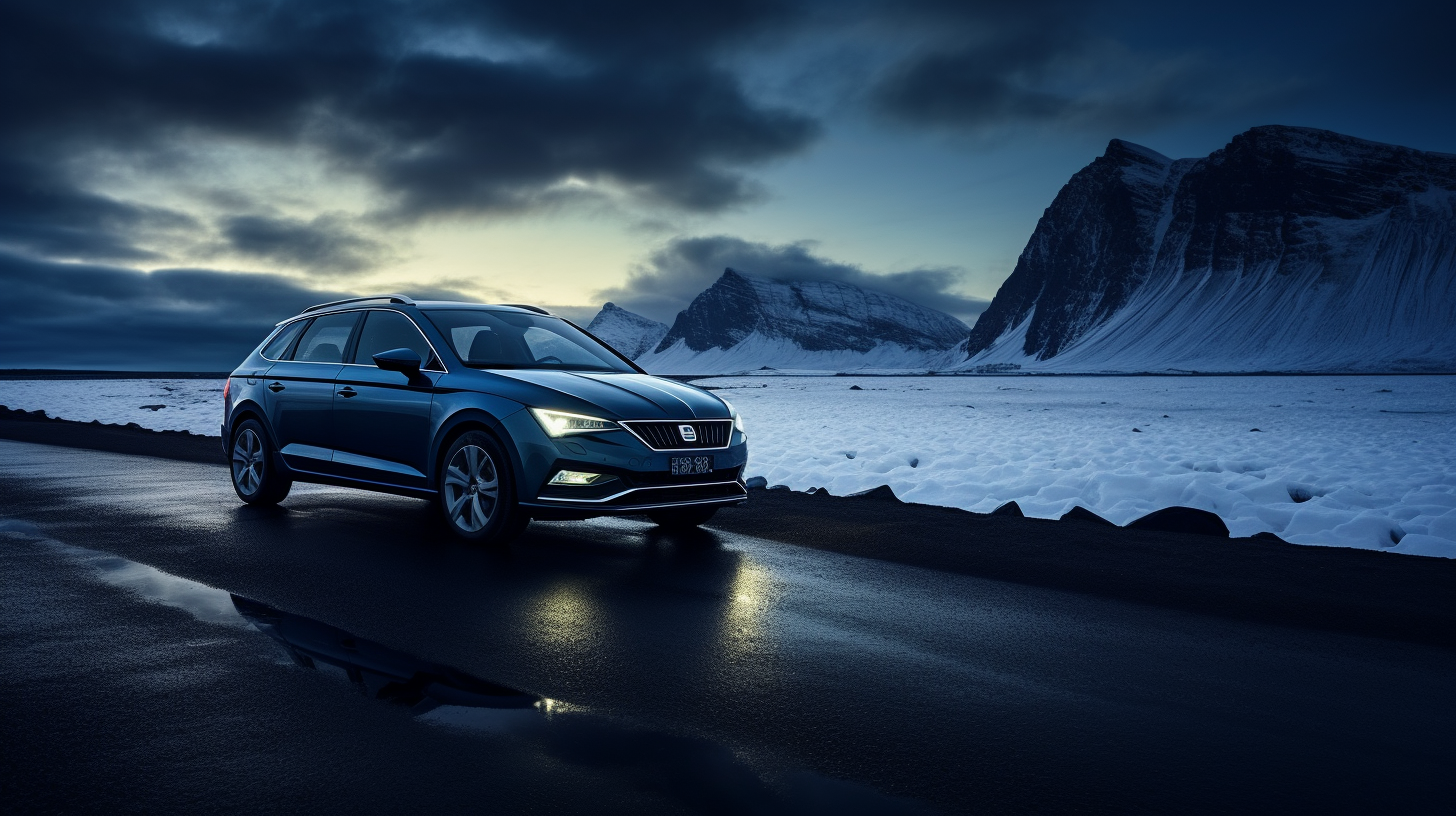 Blue Skoda Scala driving on Icelandic road