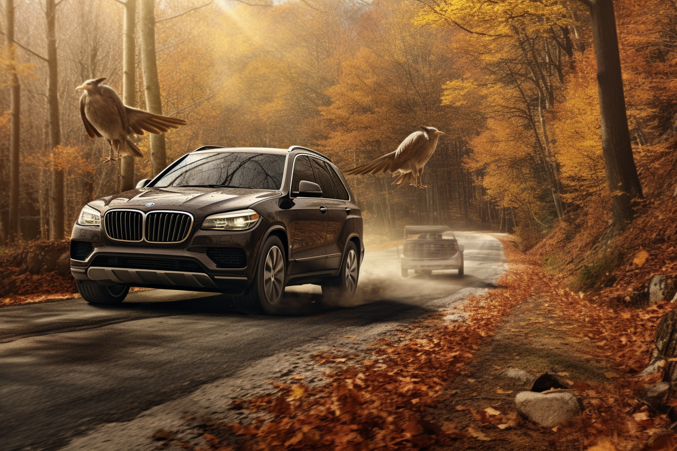 BMW X5 SUV with Wild Turkey in Autumn