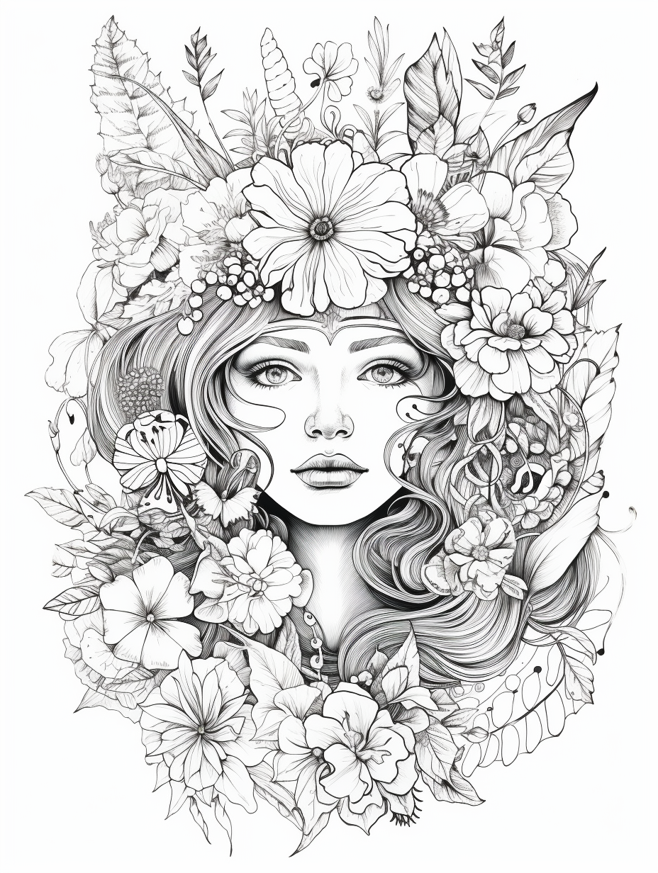 Black and white botanical coloring book page