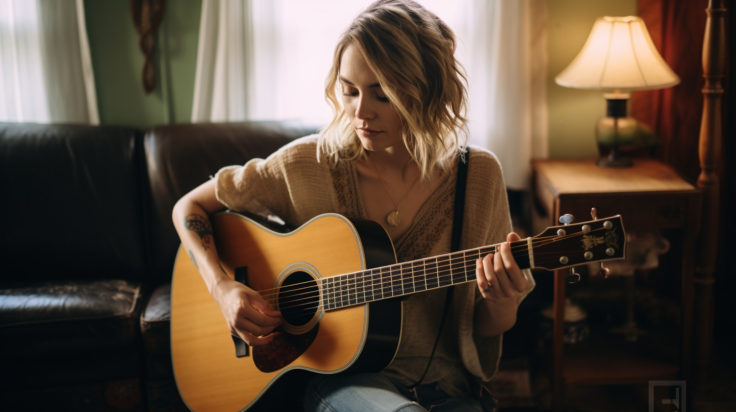 Bohemian woman playing acoustic guitar on vintage leather couch