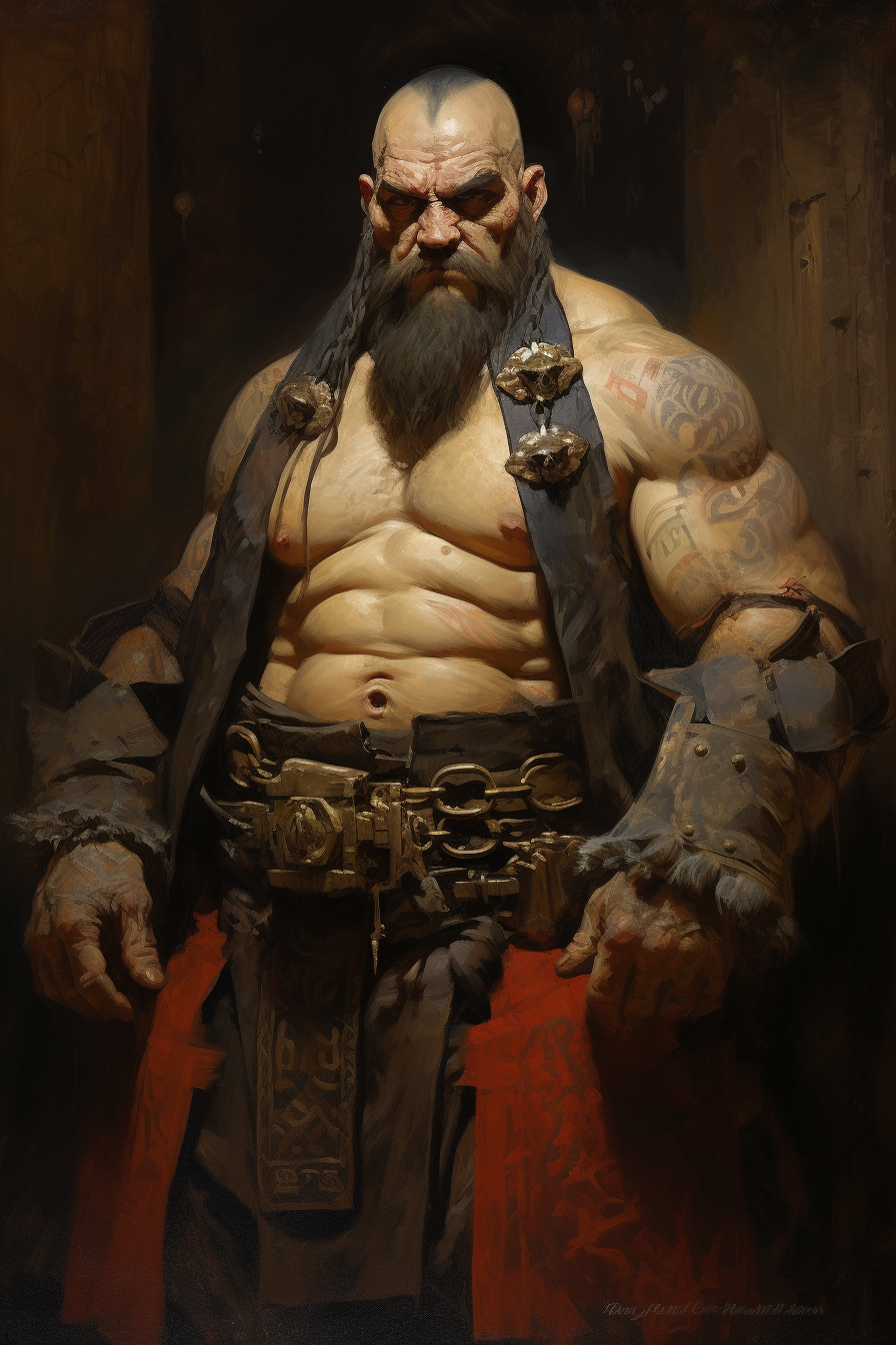 Muscular dwarf with bold tattoos wearing a robe