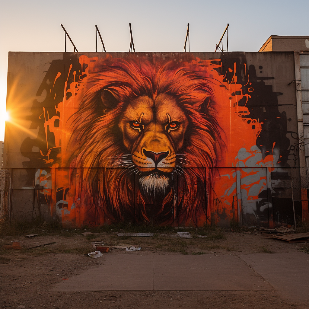 Lion graffiti in vibrant city scenery