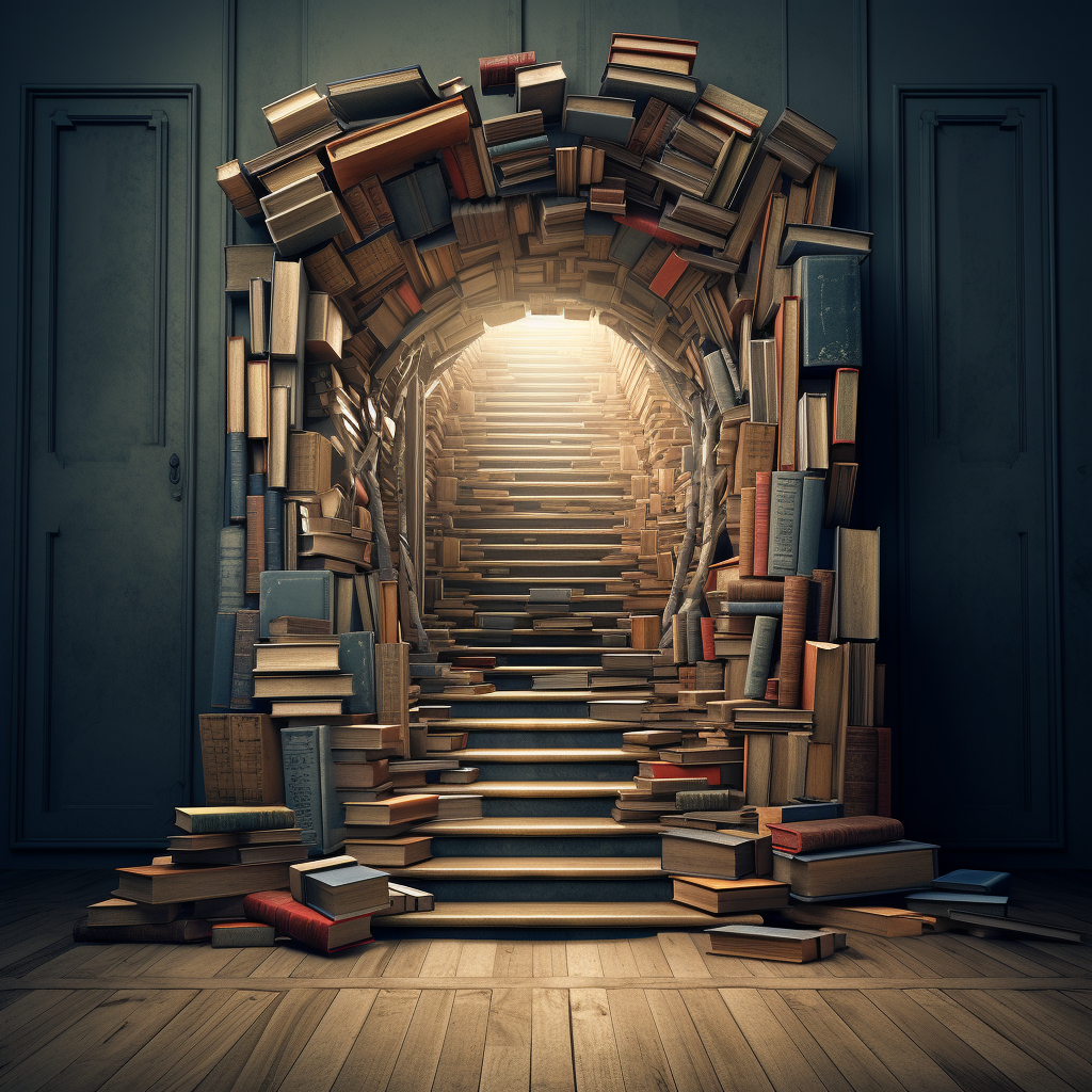 3D image of books with steps and an opening door