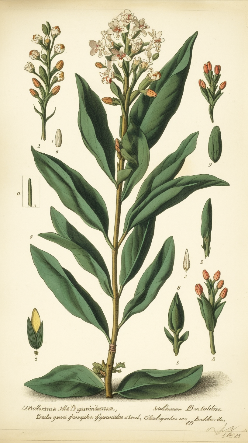 Detailed botanical illustration of Peumus Boldus