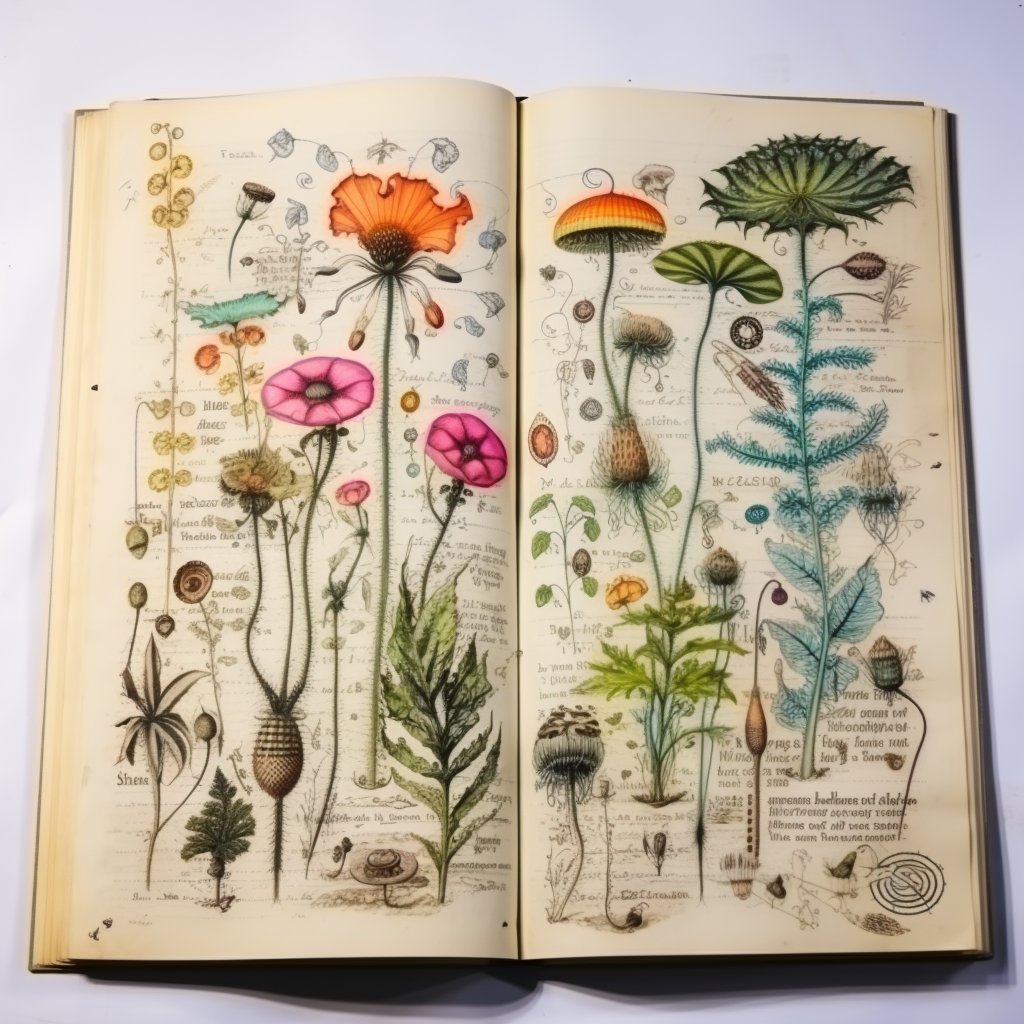 Illustration of plants and worms in botanist's sketchbook