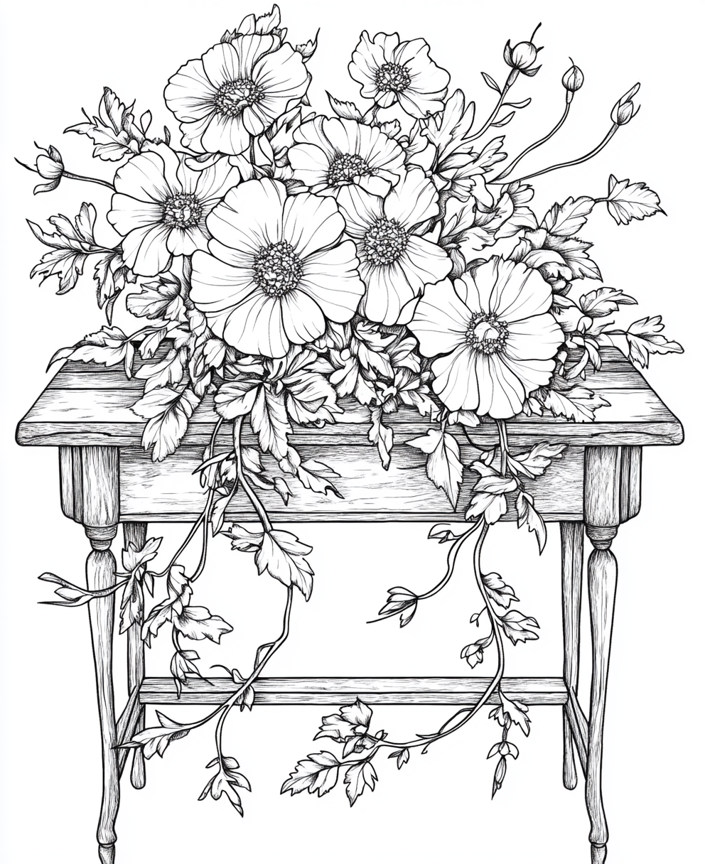 bouquet coloring page with flowers, vines, leaves - black ink - white paper.