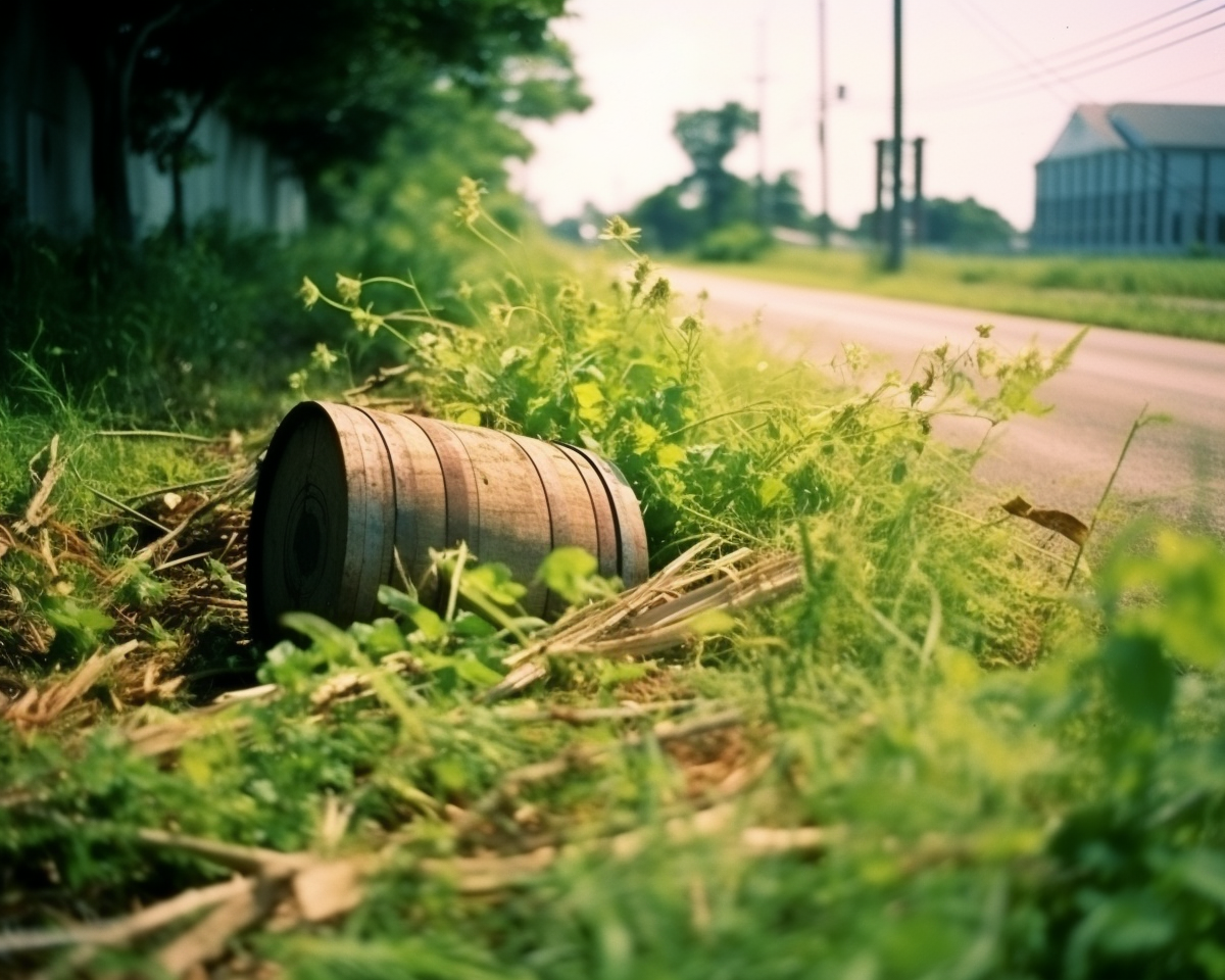 Abandoned bourbon barrel in trash-filled vacant lot