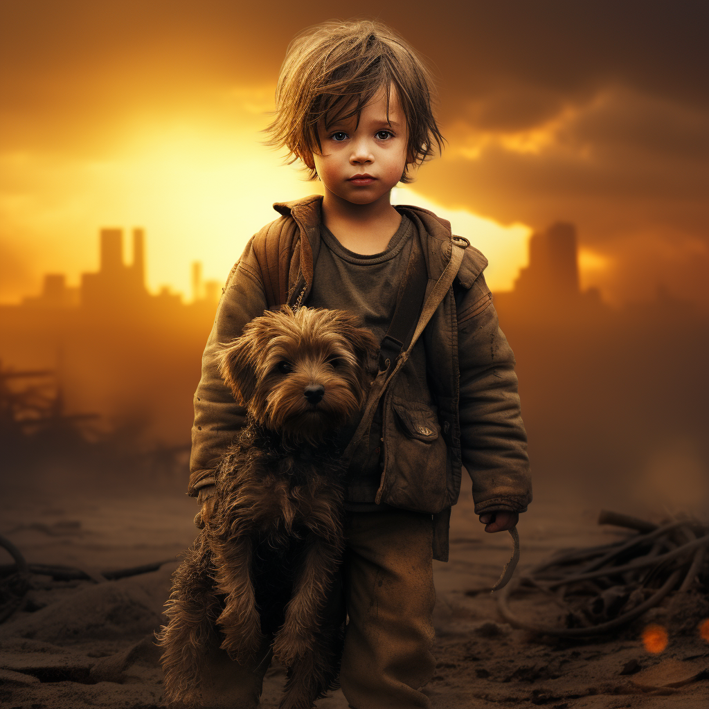 Artistic portrayal of a boy with his puppy