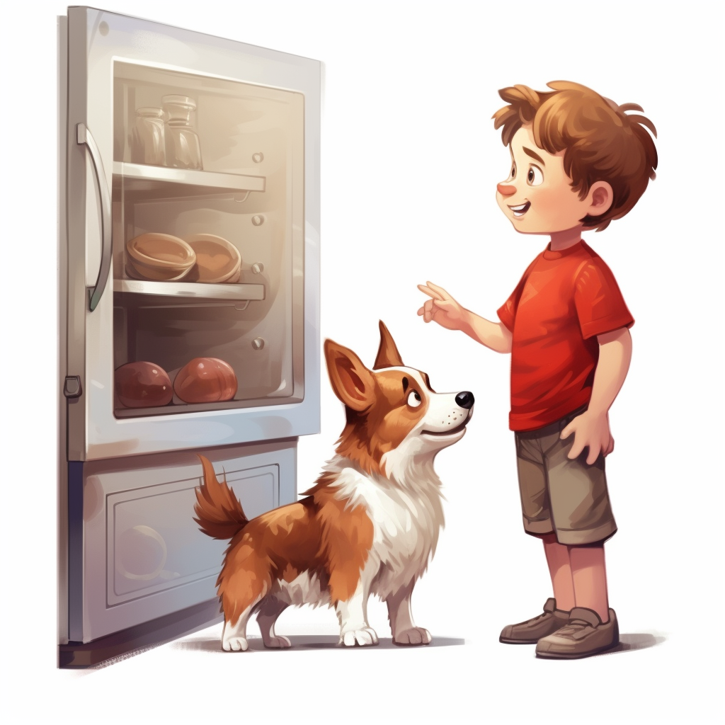 Boy and Dog Searching in Fridge