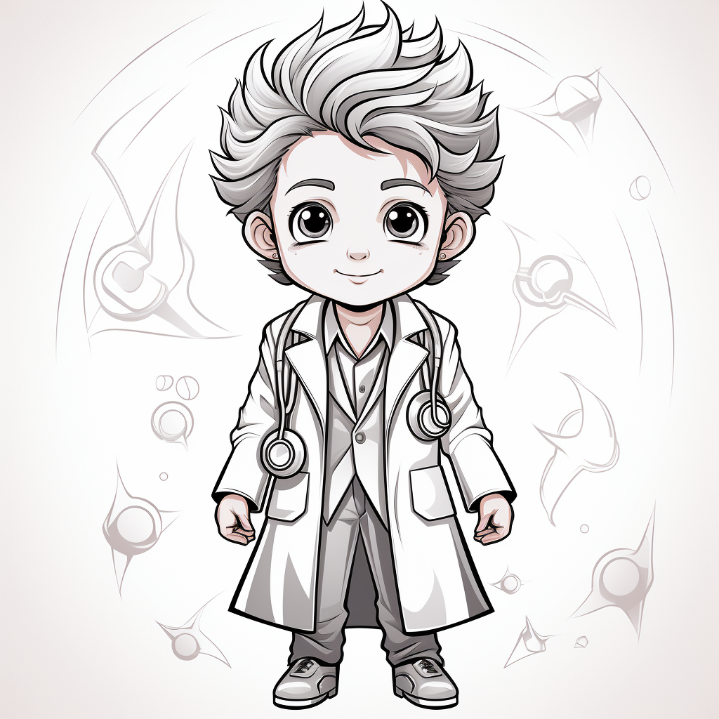 Black and white vector line art of a boy doctor