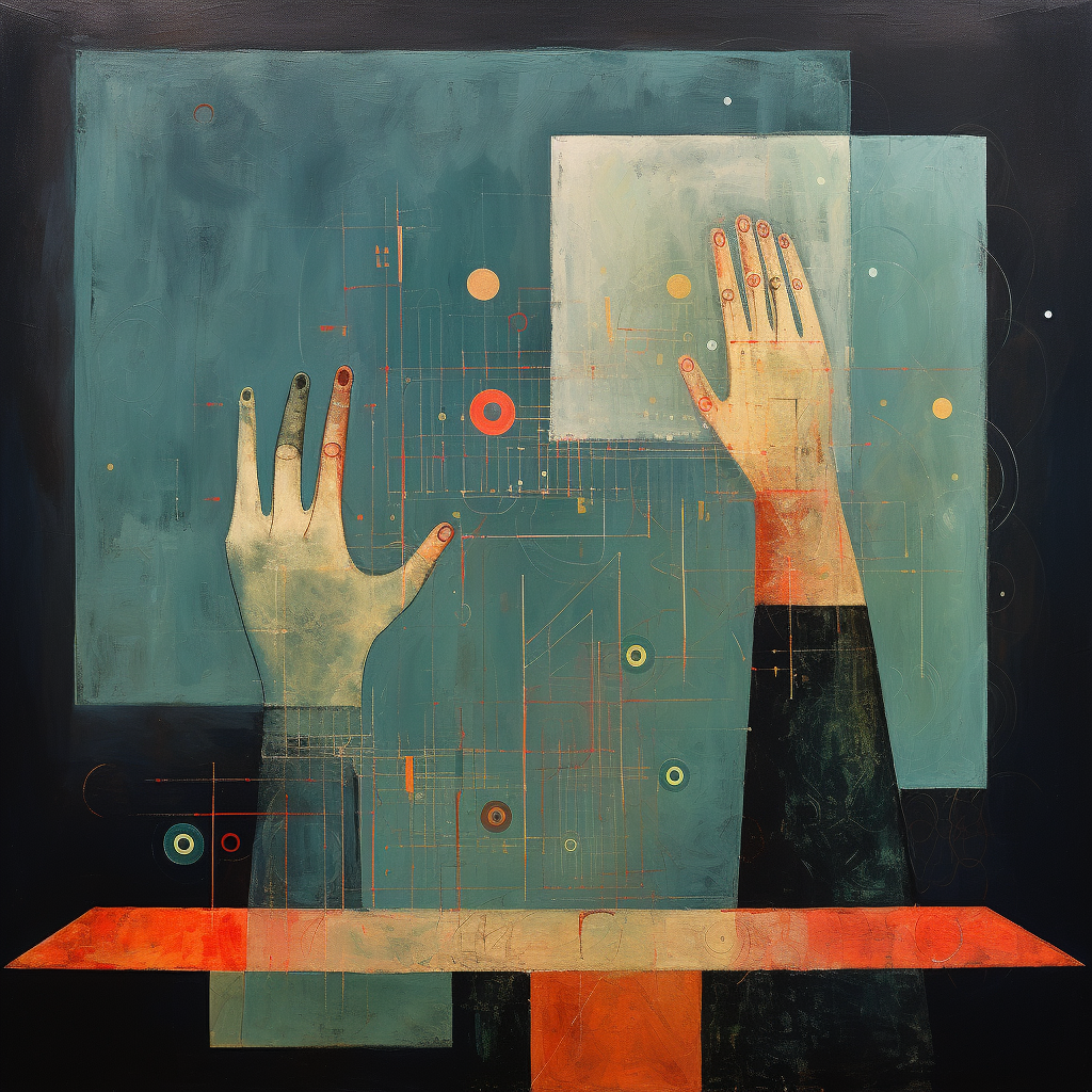 Hands reading braille and abstract shapes painting