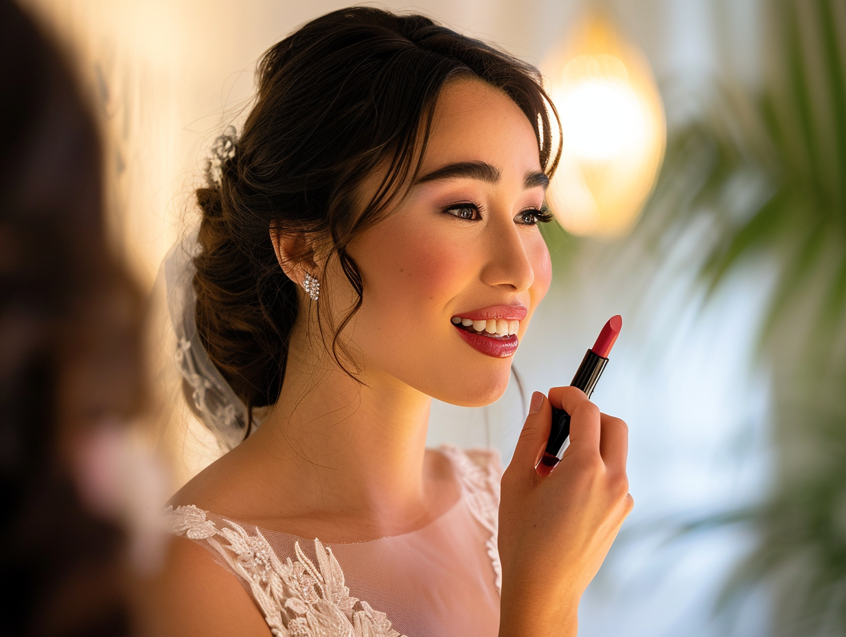 Bride with lipstick smiling