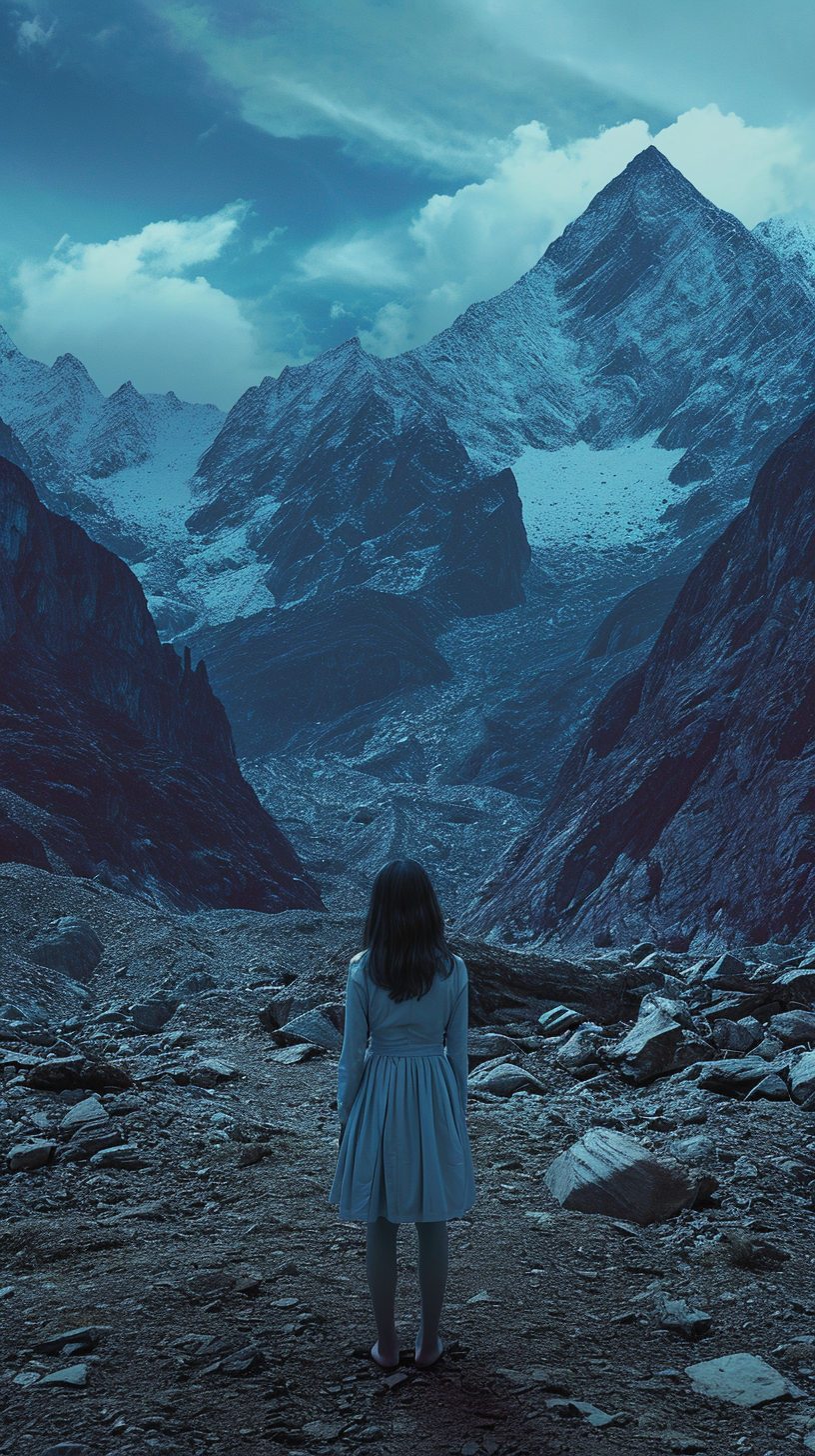 Colorful girl standing in front of mountains