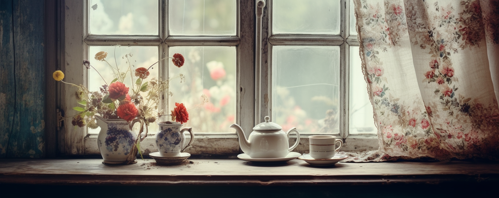 Vintage coffee cup and flowers on window ledge