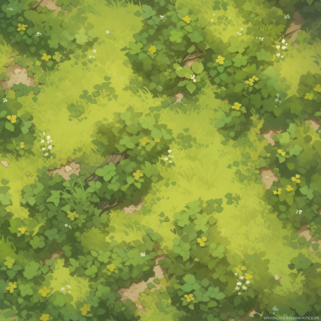 Top-down view of a bright, painted grassy meadow