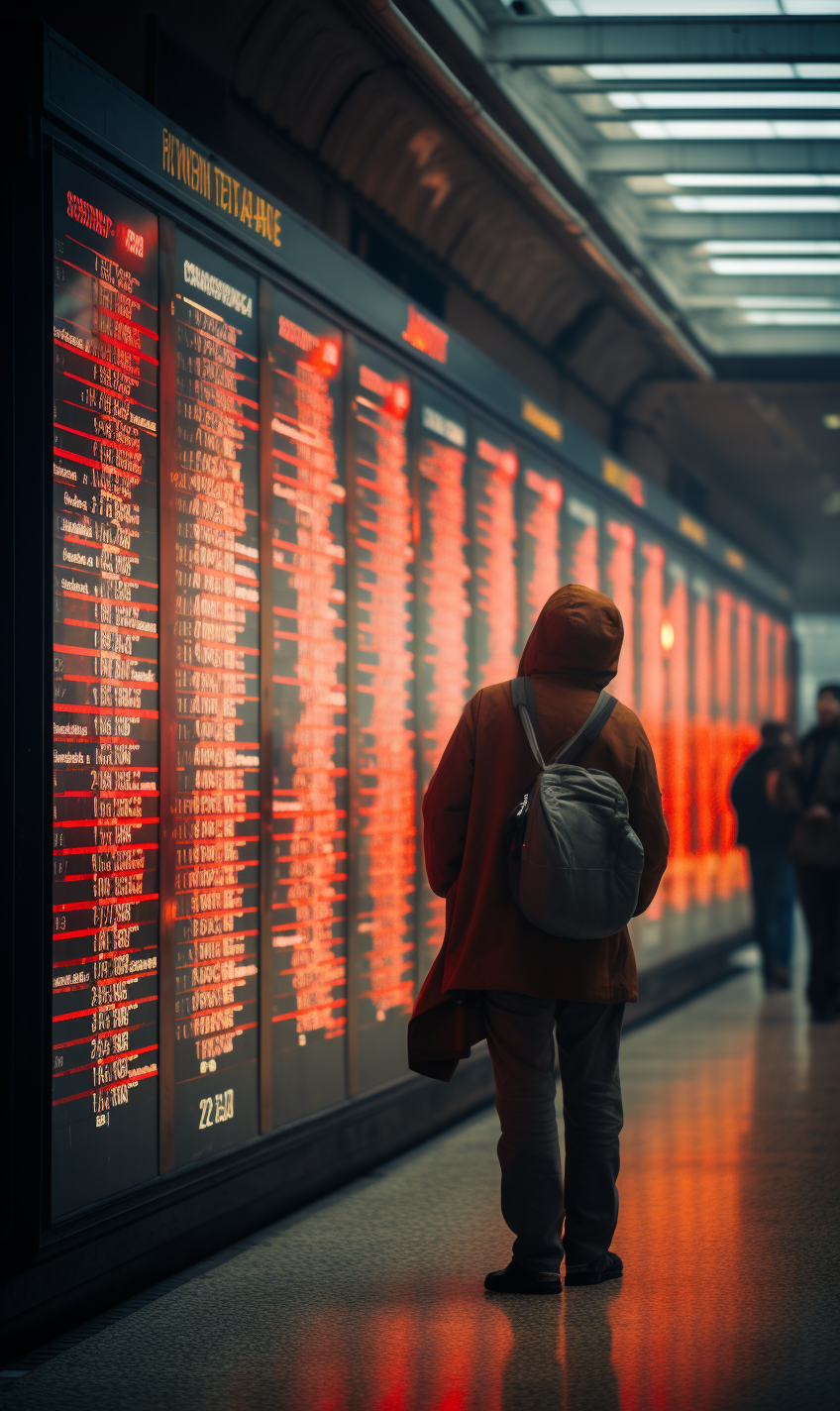 Train timetable board in gloomy action thriller style