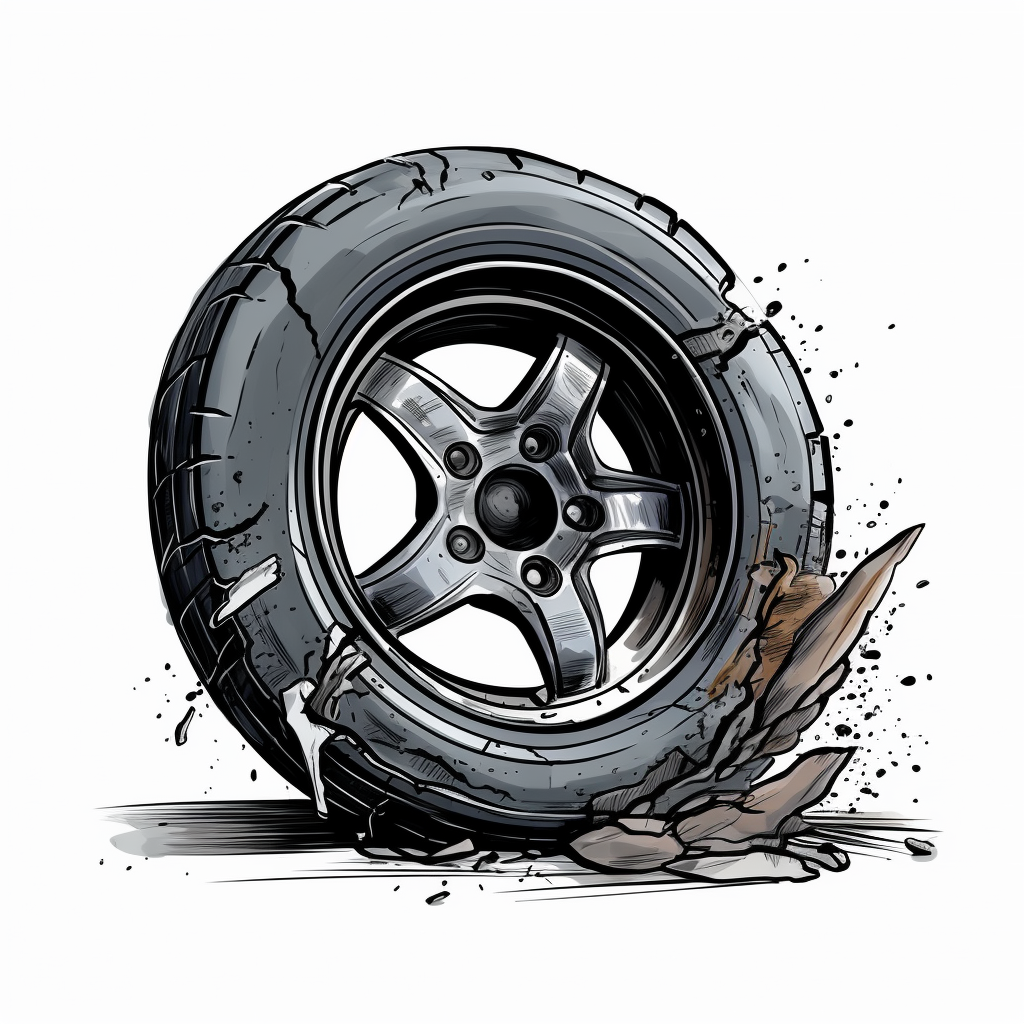 Cartoon dirty car with broken wheel and tyre waste