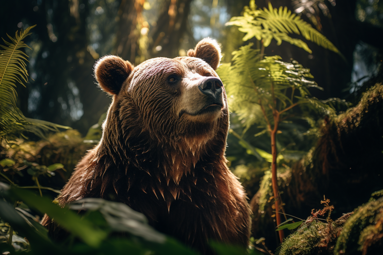 Brown bear in forest with blue lighting