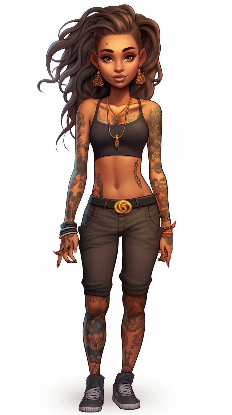 Cartoon character of a brown girl with tattoos and piercings in T pose