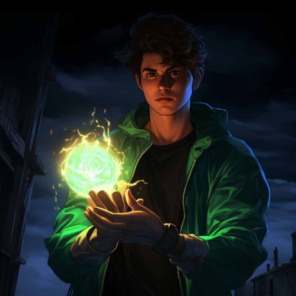 Image of a brown-haired man holding a green flame