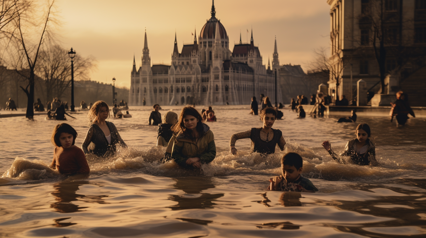 People and children amidst Budapest's winter flood