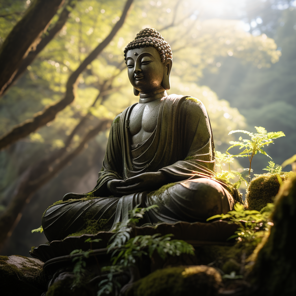 Serene Buddha statue in mountainous landscape