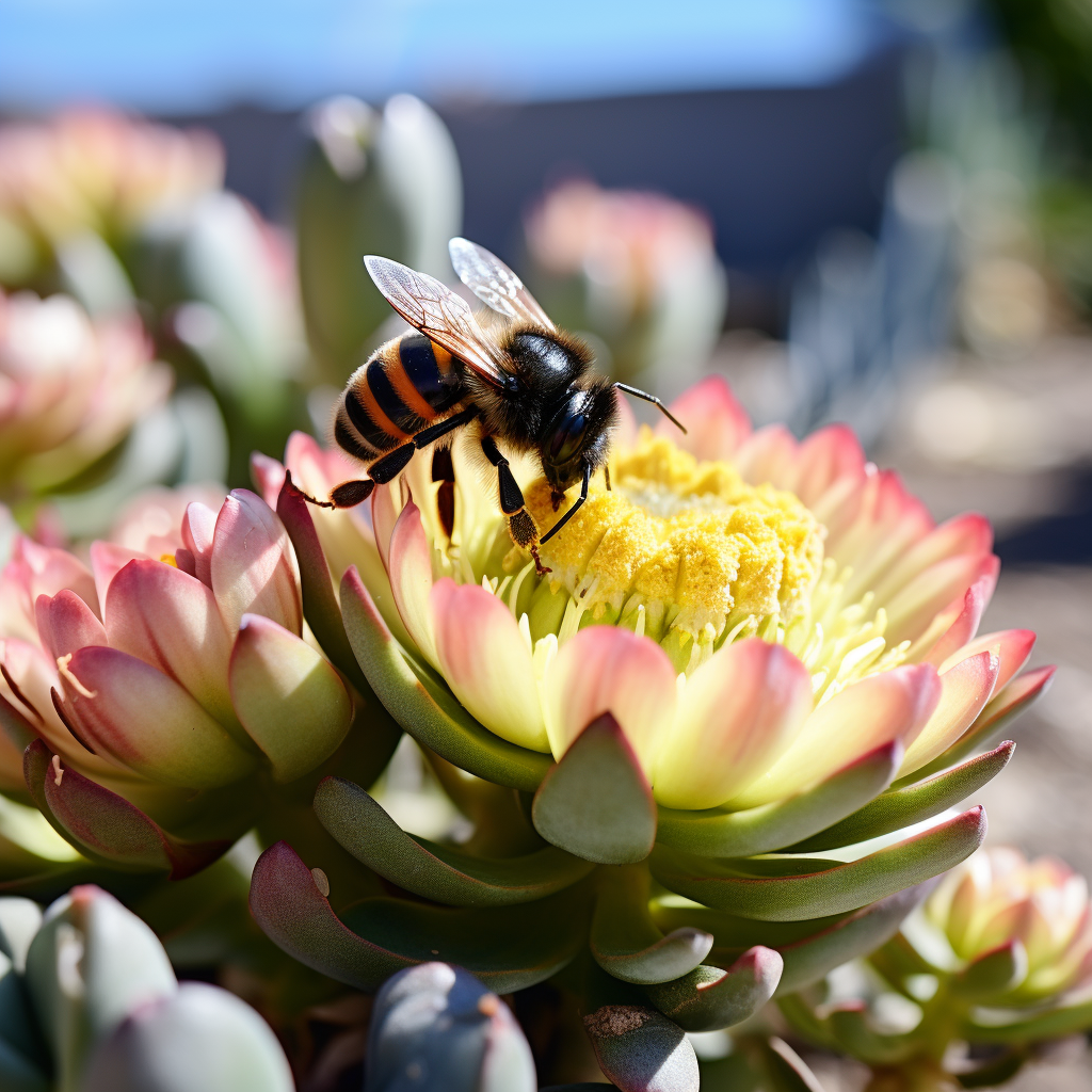 Bumblebee on succulent with shallow depth of field