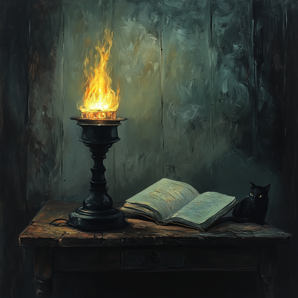 Oil painting of burning lamp, open book, cat on table