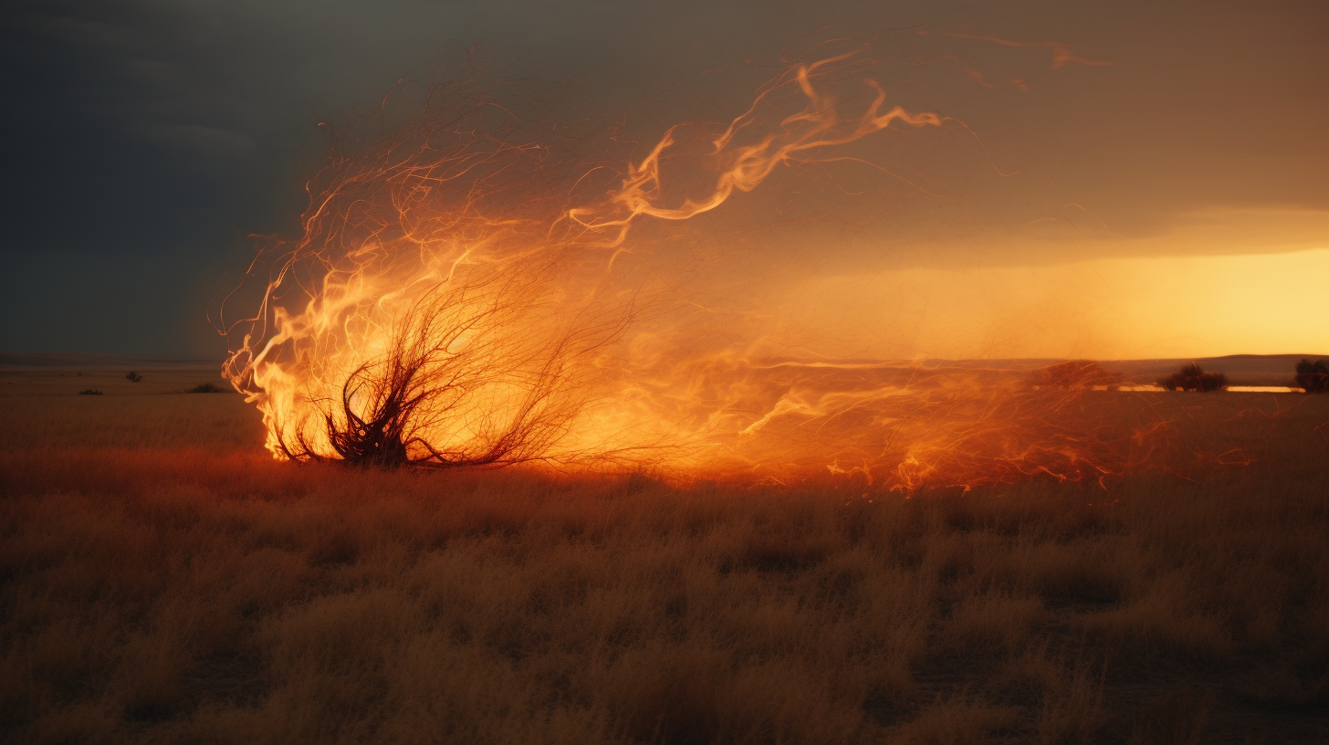 Mesmerizing burning tumbleweeds rolling across the plains