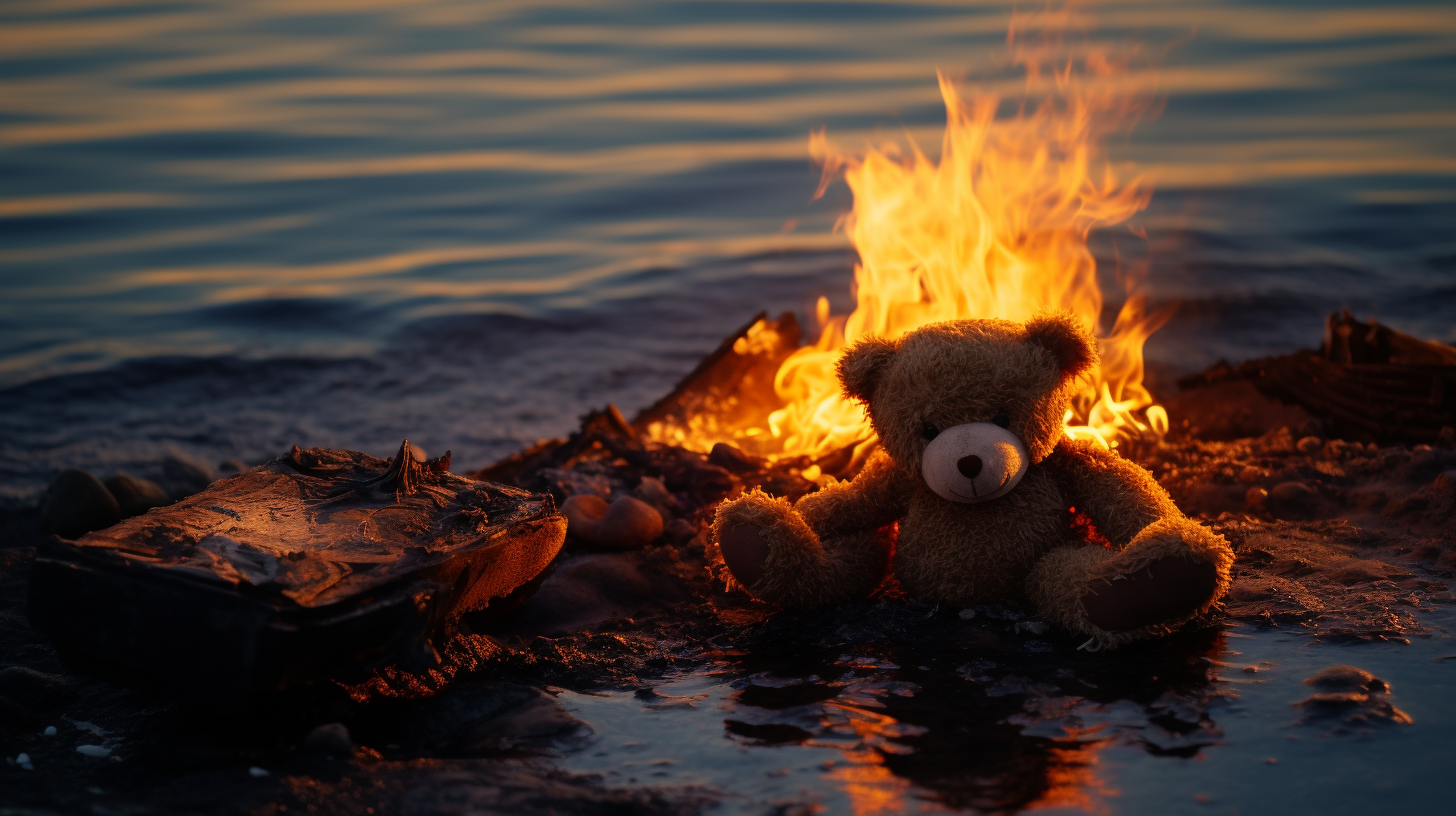 Burning Viking ship with dead teddy bear