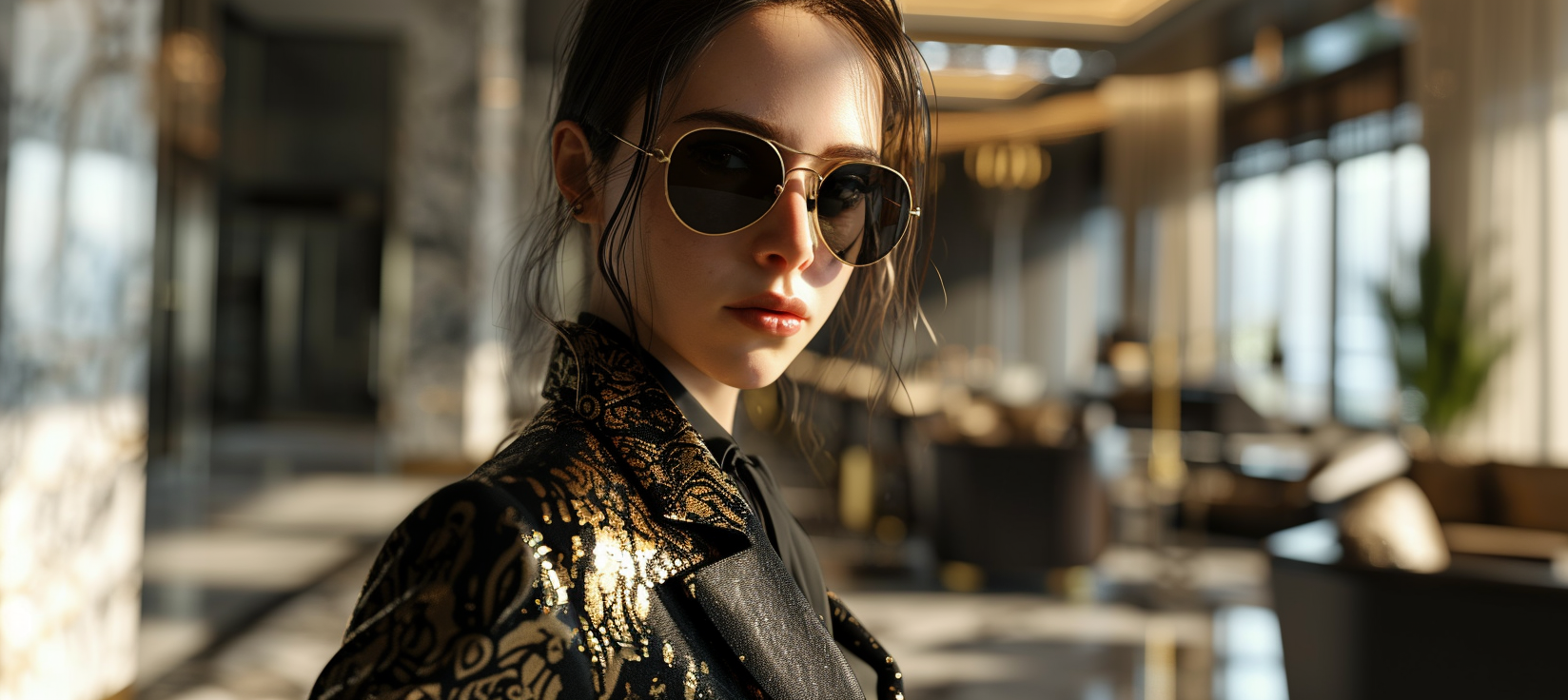 Smiling business girl in black and gold suit