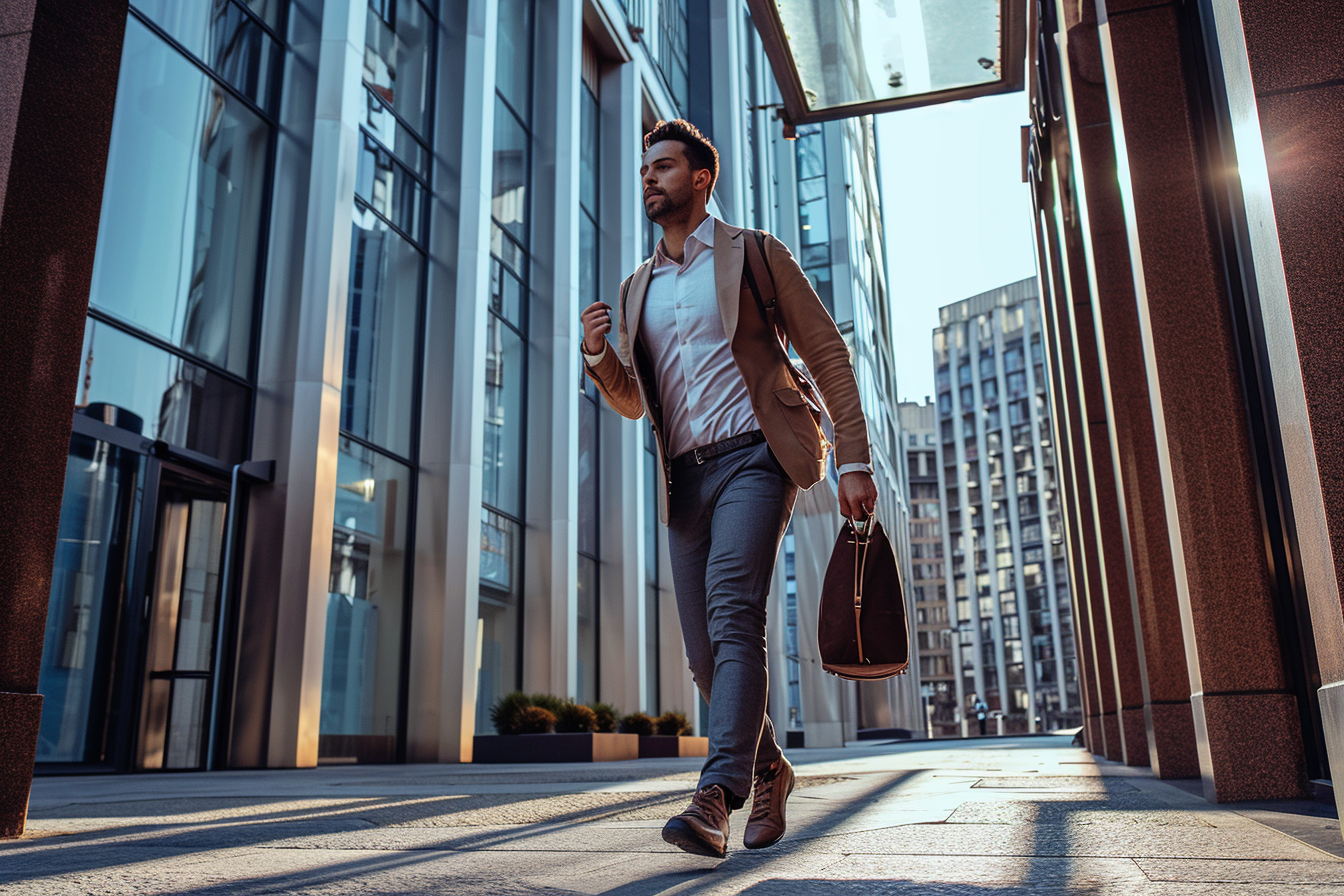 Businessman running on sidewalk with bag