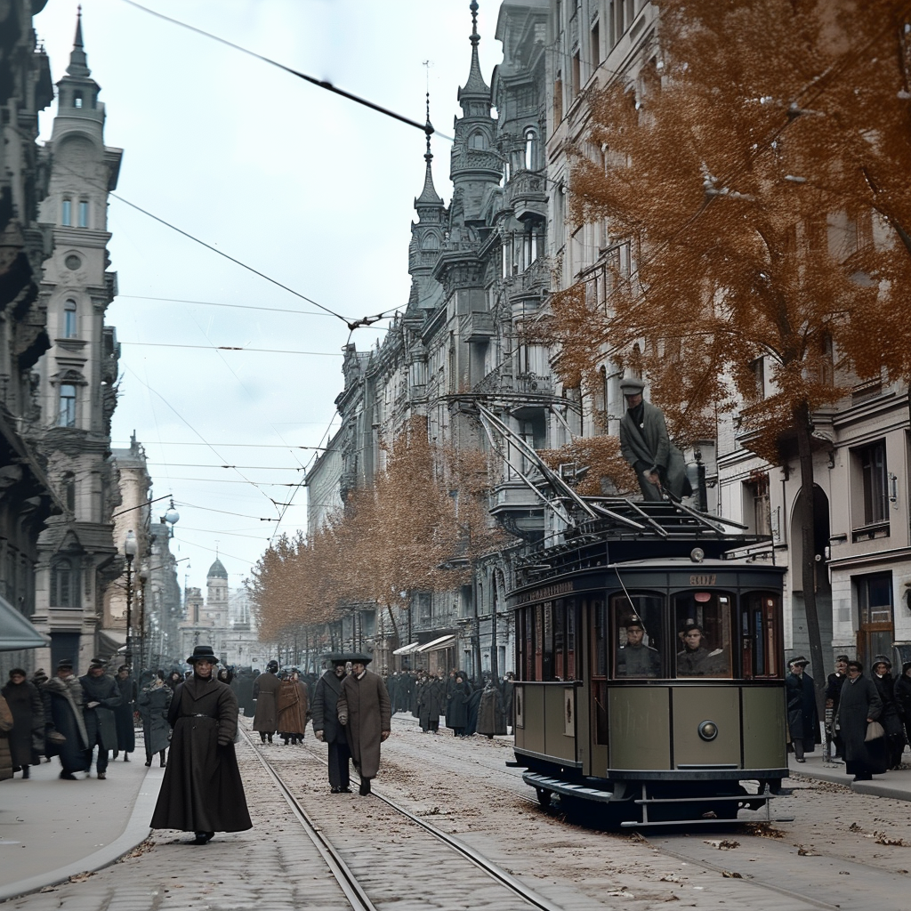 Busy city street in Leningrad 1938 view