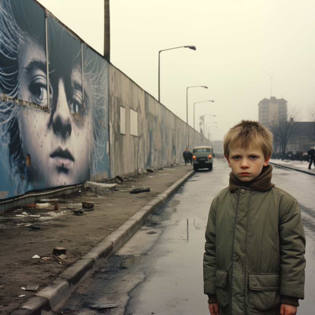 A realistic photograph of a 10-year-old boy walking on a busy road